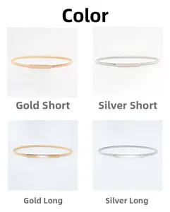 Detail view of elastic snake bone waist chains with rectangular buckles in gold and silver