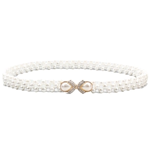 Ceinture élastique en perles blanches avec boucle nœud en strass dorés pour femmes