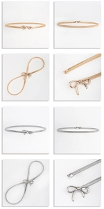 Detailed close-up of gold and silver elastic metal waist chains with bow buckles