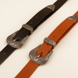 Détails de boucles de ceinture western vintage avec gravures florales argentées en noir et marron