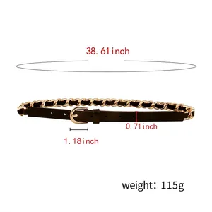 Ceinture fine en cuir noir pour femme avec chaîne dorée et mesures de dimensions