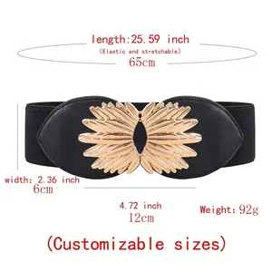 Elastic wide black waist belt with a bold gold sunburst buckle for women dresses