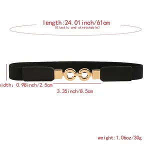 Women's black elastic waist belt with a golden double ring interlocking buckle, 2.5cm width
