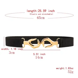 Elastic black waist belt with unique gold interlocking hands buckle for women dresses