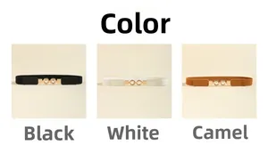 Detailed view of women's elastic belts in black white and camel with gold buckles