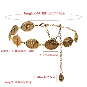 Ceinture chaîne dorée rétro bohème avec boucle crâne de taureau, longueur 114 cm