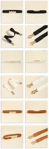 Detailed views of elastic skinny waist belts with interlocking metal buckles in three colors