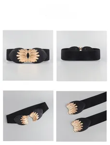 Detailed four-way view showing the golden feather buckle and black elastic waist belt