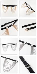 Dettaglio della cintura punk in pelle PU nera con catene metalliche a strati e fibbia in metallo