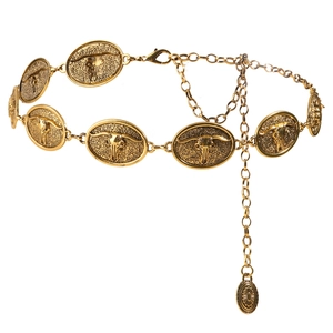Ceinture chaîne métal doré rétro avec charms tête de taureau pour style western femme