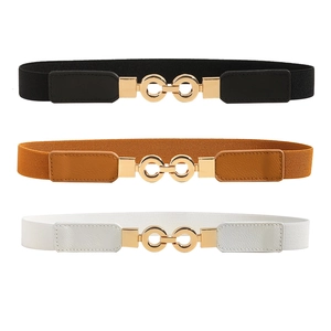 Women's Fashion Elastic Waist Belt Metal Interlock Round Buckle Thin Stretch Cinch Belt For Dresses Coats Accessories