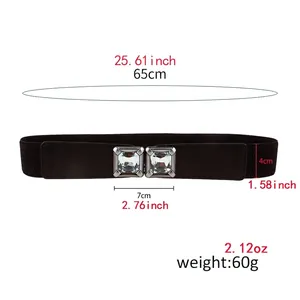Ceinture noire élastique avec boucle en cristal carrée de 65cm de long et 4cm