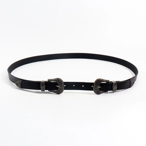 Ceinture vintage noire pour femme avec deux boucles gravées en alliage d'argent