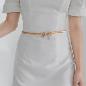 Women Fashion Skinny Metal Elastic Belt With Bowknot Buckle Gold Silver Adjustable Waist Chain Thin Decorative Belt For Dresses