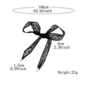 Black floral lace belt for women with elegant white pearl charms and bow tie closure