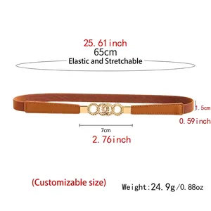 Elastic brown waist belt for women with interlocking gold rings buckle and size details