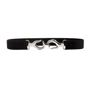 Women's black elastic waist belt with creative silver interlocking hands metal buckle