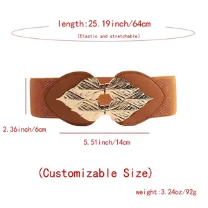 Elegant brown elastic waist belt featuring a stylish gold metal leaf buckle for women