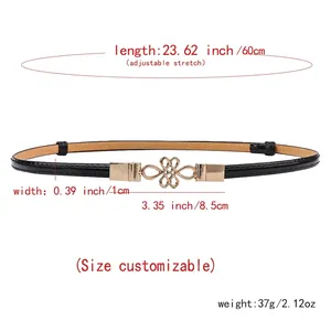 Adjustable black slim PU leather belt with decorative gold floral metal buckle for dresses