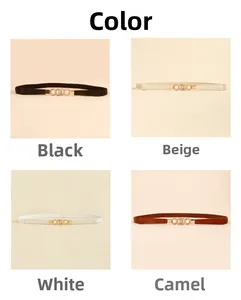 Detail showing elastic waist belts in black, beige, white, and camel with gold buckles