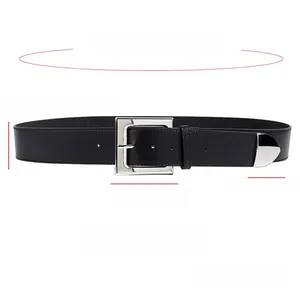 Detail view of a black elastic waist belt with silver buckle and 127cm length dimensions