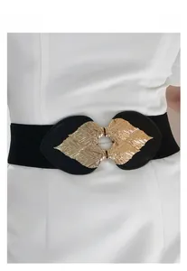 Close-up of elegant gold leaf buckle on a black elastic corset belt for women