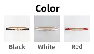 Slim adjustable PU leather waist belts in black, white, and red with gold buckle details