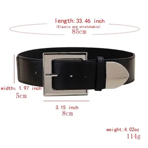 Elastic black wide waist belt with square silver metal buckle for dresses and shirts