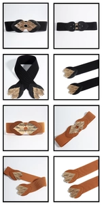 Detail shots of elastic belts for women featuring gold leaf buckles in black and brown