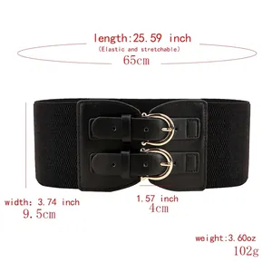 Women's wide elastic corset belt with double gold buckles for dresses and blazers