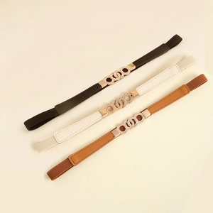Women's stretch waist belts in black, beige and camel with gold ring buckles
