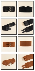 Detail view showing black and brown wide elastic waist belts with gold round buckles