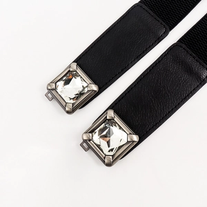 Ceinture élastique noire pour femme avec boucle argentée et grand cristal carré brillant