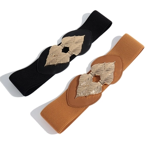 Women's Elastic Waist Belt With Gold Leaf Buckle Elegant PU Leather Wide Waist Seal For Dress Shirt Fashion Accessories