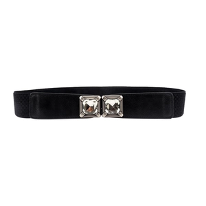Ceinture élastique noire pour femme avec boucle argentée vintage et cristaux carrés