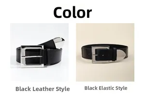 Detail view of elastic and leather belt styles with silver square buckle and metal tips