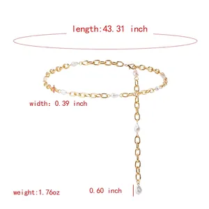 Elegant gold metal chain belt for women with stylish white pearls on white background
