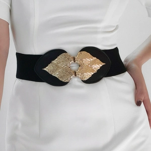Elegant elastic waist belt with golden leaf metal buckle for women dress and shirts