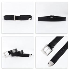 Detail view of black elastic waist belt with silver square buckle and metal tip