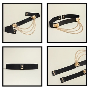 Detail of black elastic belt with triple gold layered chains and square rivets
