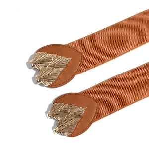 Elegant elastic waist belt for dresses with gold leaf metal buckle in brown finish