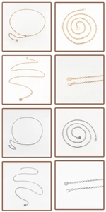 Détail de ceintures à chaînes métalliques réglables dorées et argentées avec fermoir homard
