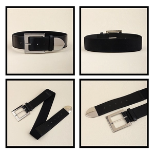 Detailed views of a black elastic wide belt with a silver square buckle for dresses