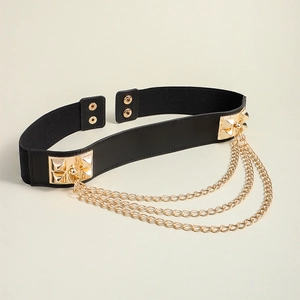 Detail of black elastic belt with gold studs, multi-layer chains, and snap button closure