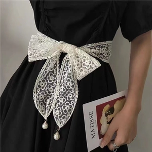 Women Elegant Lace Bow Belt Hollow Floral Ribbon Waist Chain With Imitation Artificial Pearl Pendants Simple Versatile Decoration