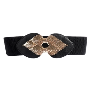 Elegant black elastic belt for women featuring a detailed golden leaf buckle on white backdrop