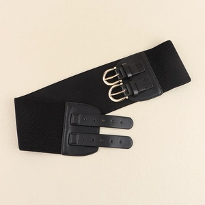 Detail of black elastic waist belt featuring golden double pin buckles and faux leather texture