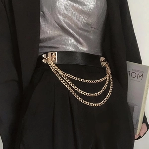 Women Fashion Corset Belt Elastic PU Leather Waistband Multi Layer Gold Chain Pyramid Rivet Punk Style Waist Cincher