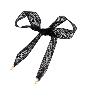 Elegant black floral lace bow belt with white pearl pendants for summer dresses