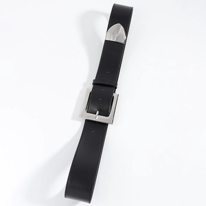 Close-up of black wide elastic waist belt with large silver square metal buckle details